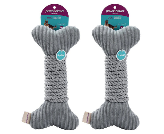 2 X Paws & Claws 30X14Cm Roped-Up Plush Bone Squeaker Pet/Dog Fun Play Toy Grey