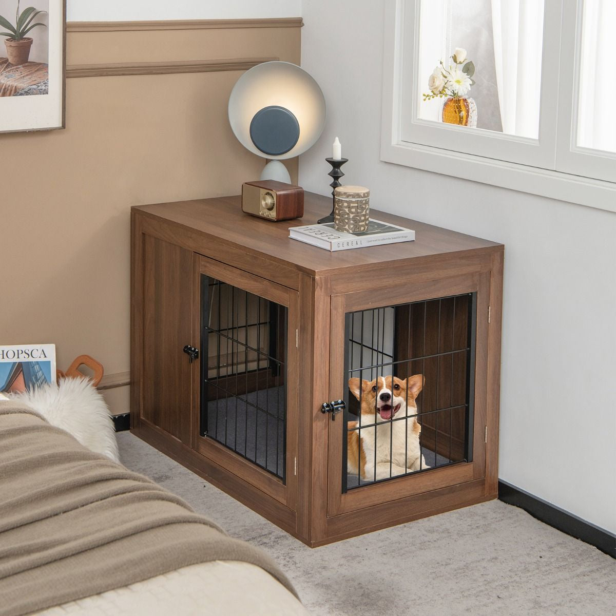 Furniture Dog Crate with Cushion & Double Mesh Doors for Indoor