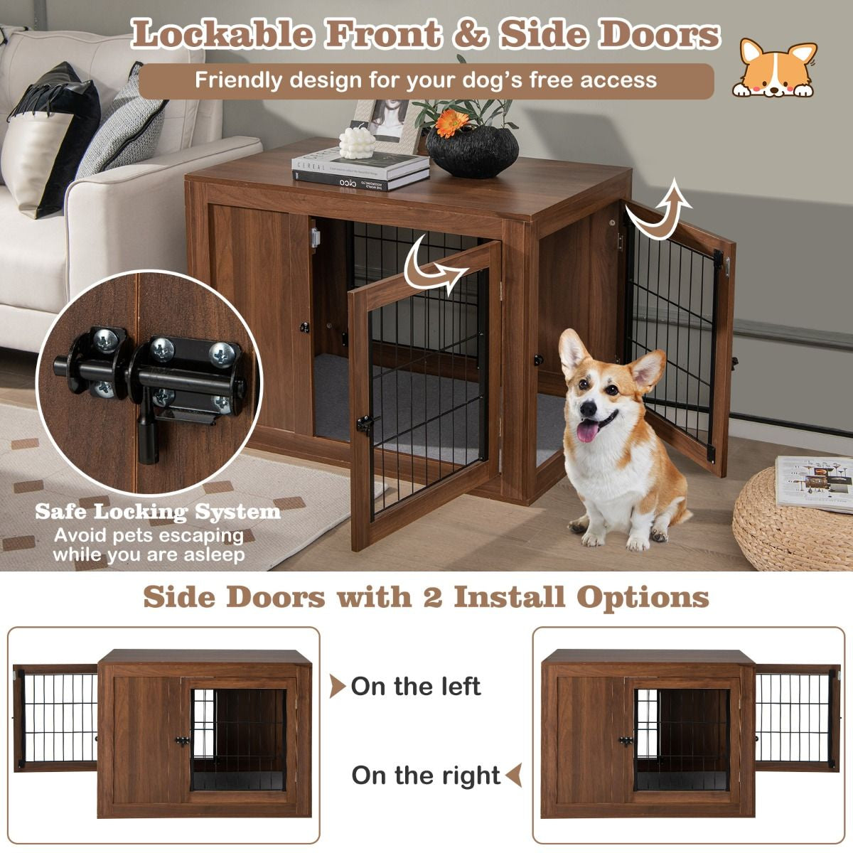 Furniture Dog Crate with Cushion & Double Mesh Doors for Indoor